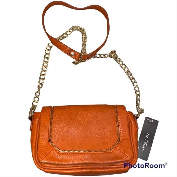 NWT Olivia & Joy Orange Faux Leather Gold Chain Crossbody - Picture 1 of 4